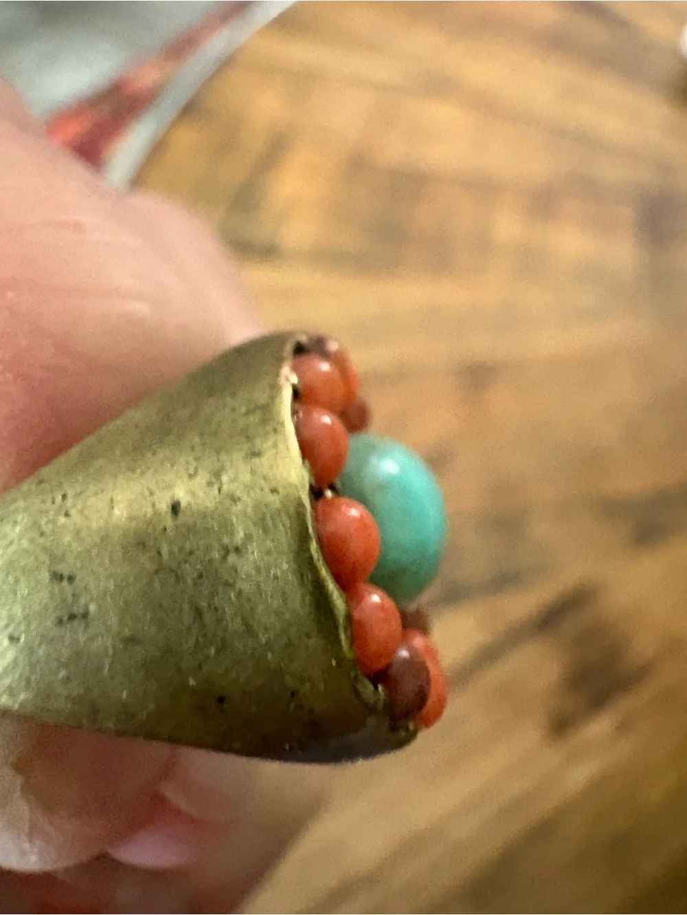 Vintage brass Turquoise & Coral Stone Statement Ring - Women Jewelry READ
